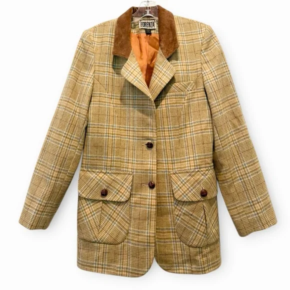 Forenza Vintage 80s Tweed Plaid Wool Leather Collar Hip Pockets Blazer Sz 4 - Picture 9 of 9
